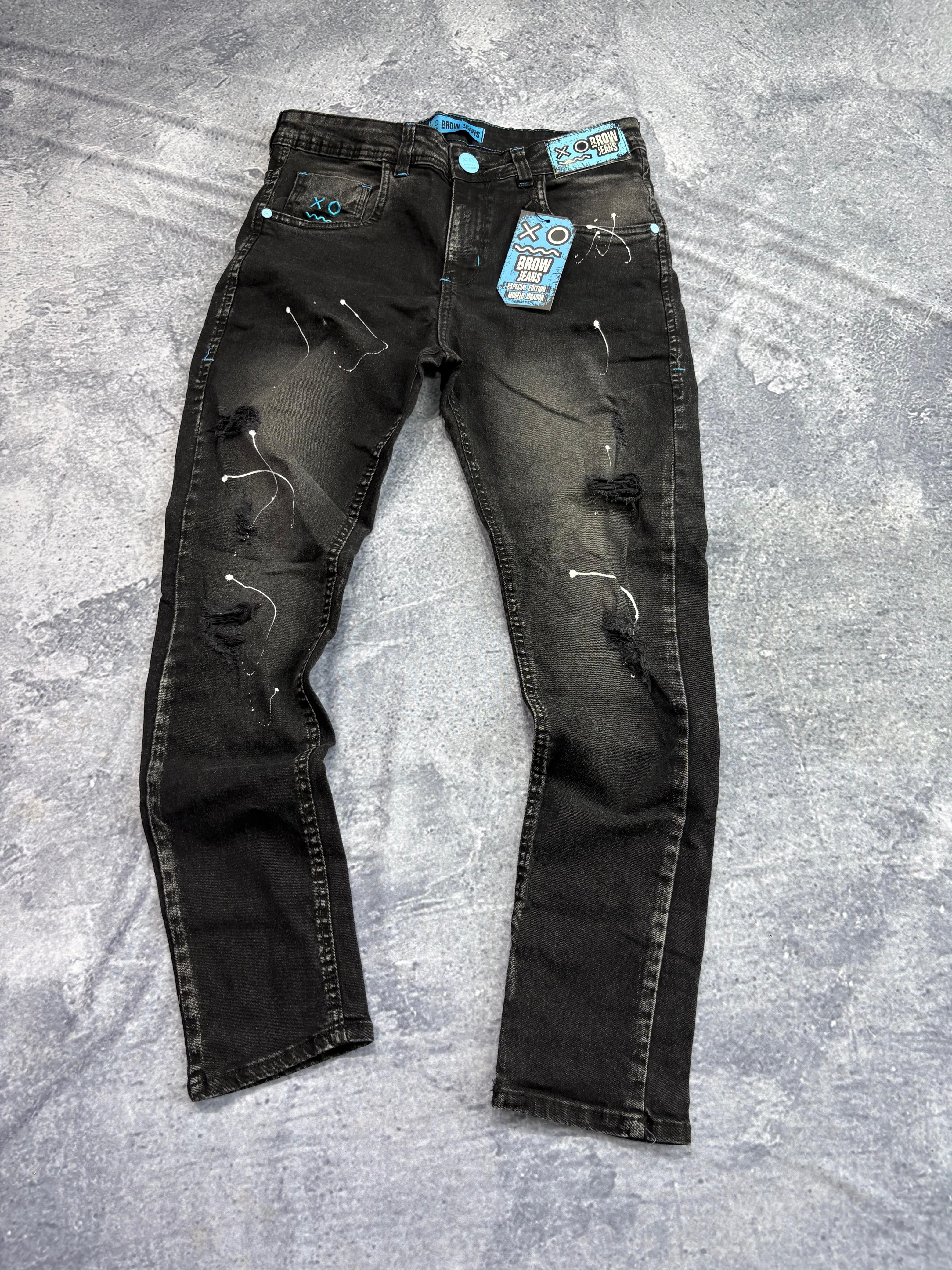 CALÇA JOGADOR BROW JEANS PRETA COM TINTA detalhe AZUL